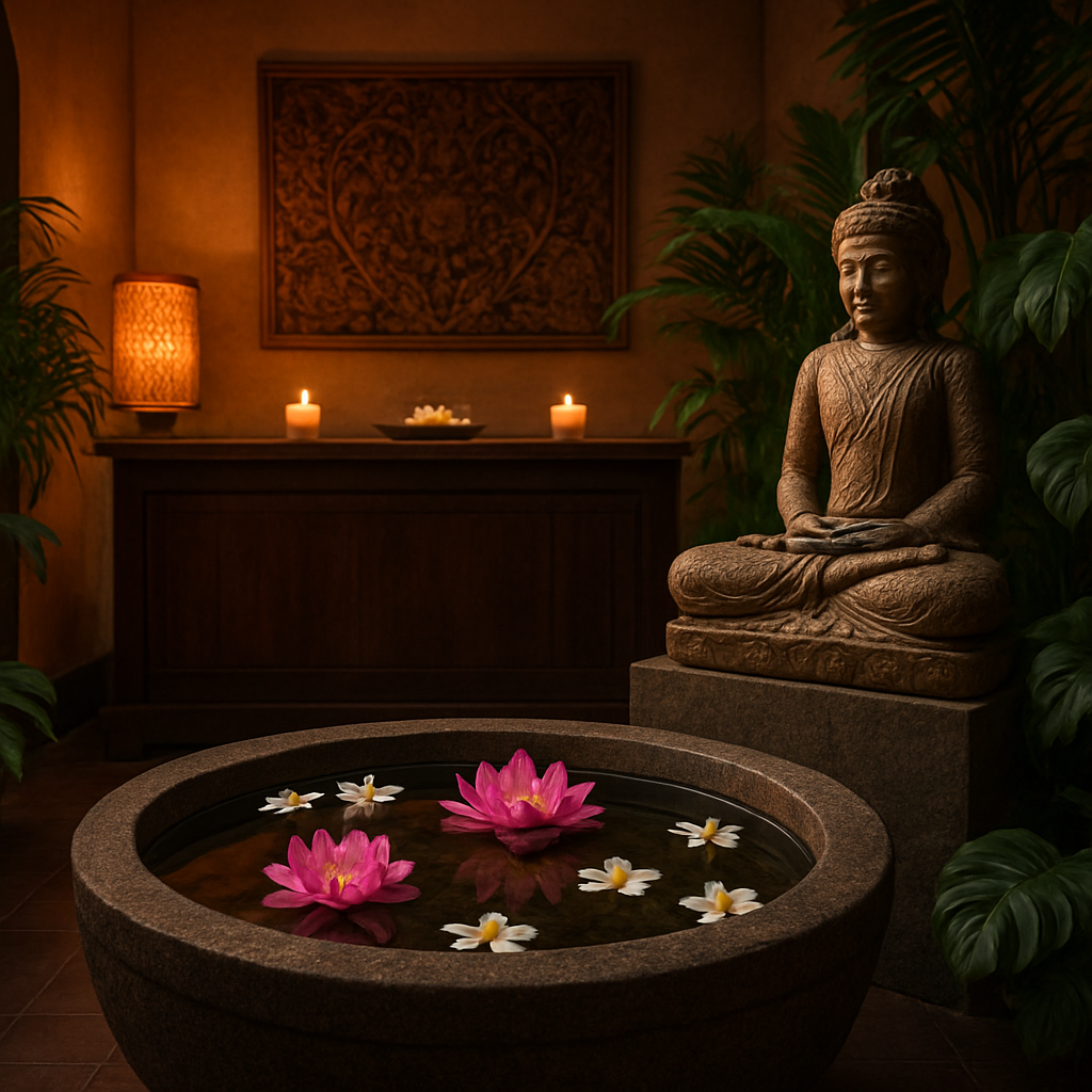 Serene Balinese spa reception area with stone water feature, lotus flowers and tropical greenery at Adjie Spa Port Douglas