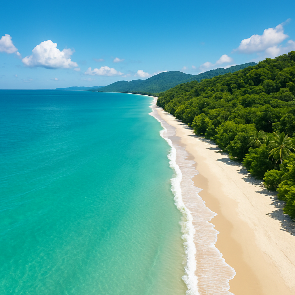 Aerial view of Port Douglas coastline showing Four Mile Beach, turquoise Coral Sea and tropical rainforest