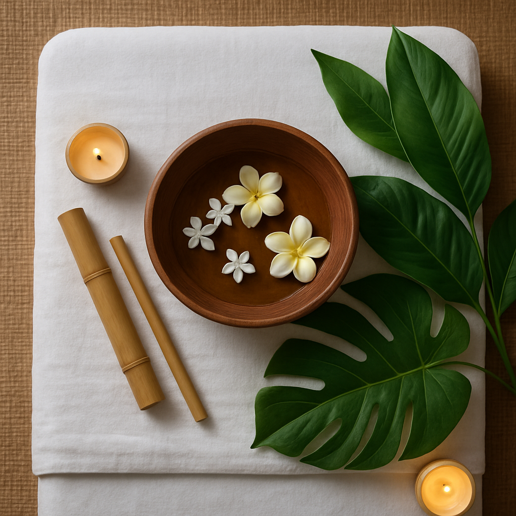 Balinese massage setup with wooden oil bowl, jasmine petals and bamboo tools