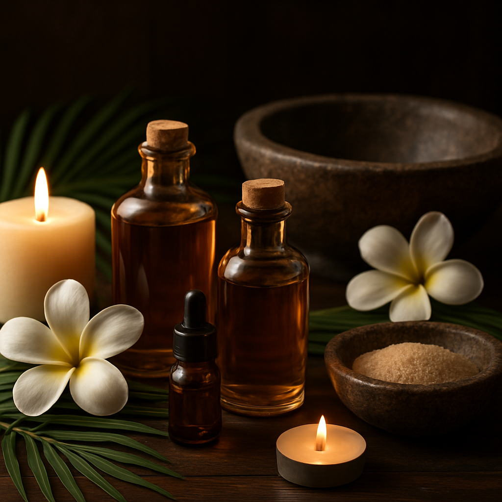 Luxury oil massage with amber essential oil bottles, tropical flowers and candles