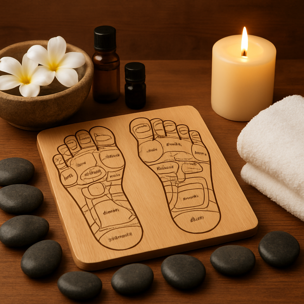 Reflexology setup with foot map chart, warm stones, essential oils and white towel