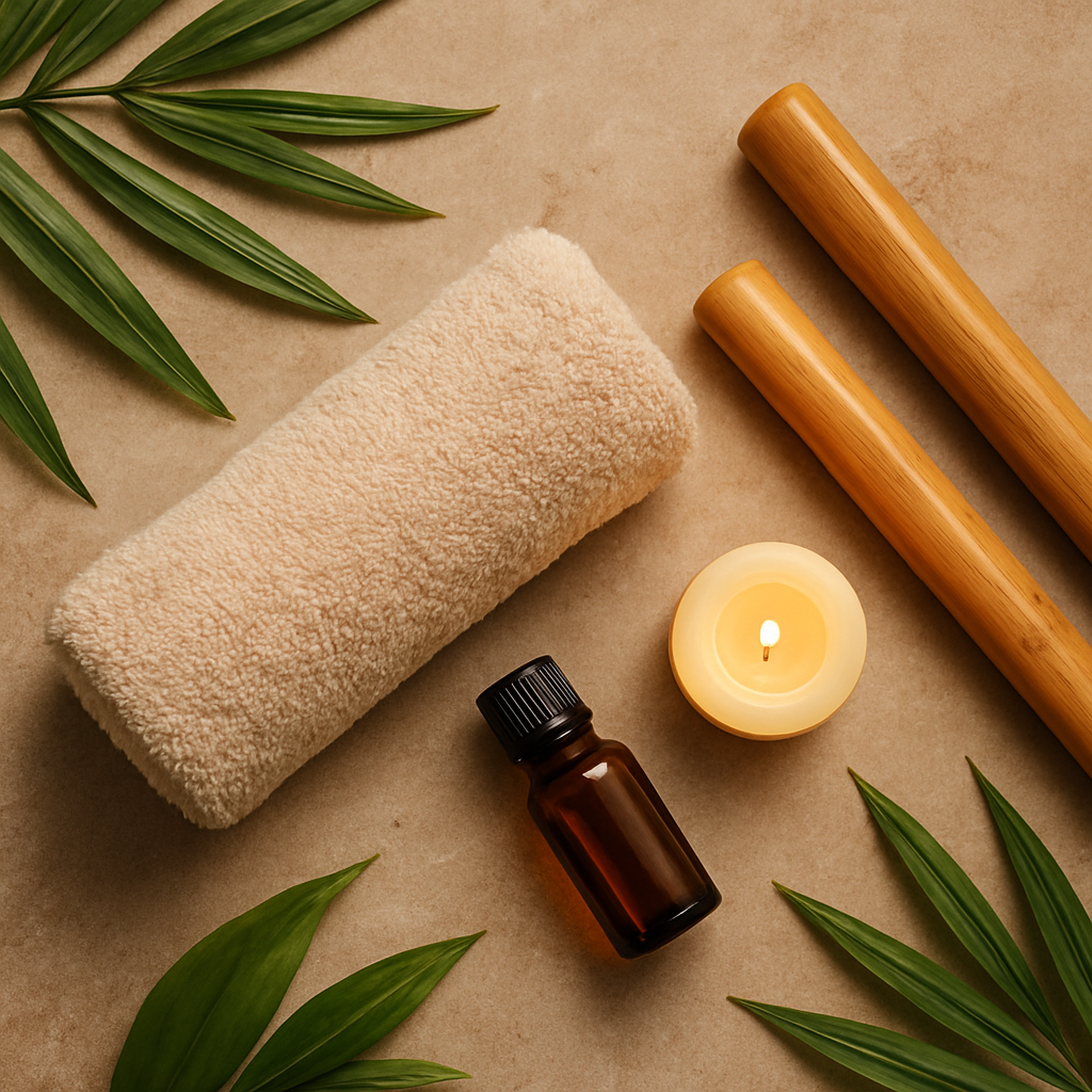 Neck and shoulder massage props including warm towel roll, bamboo sticks and essential oils