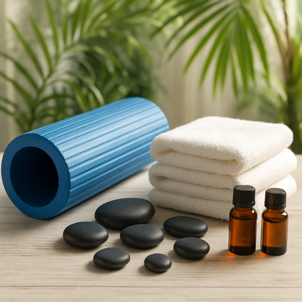 Sports massage props including foam roller, stones, towels and essential oil bottles