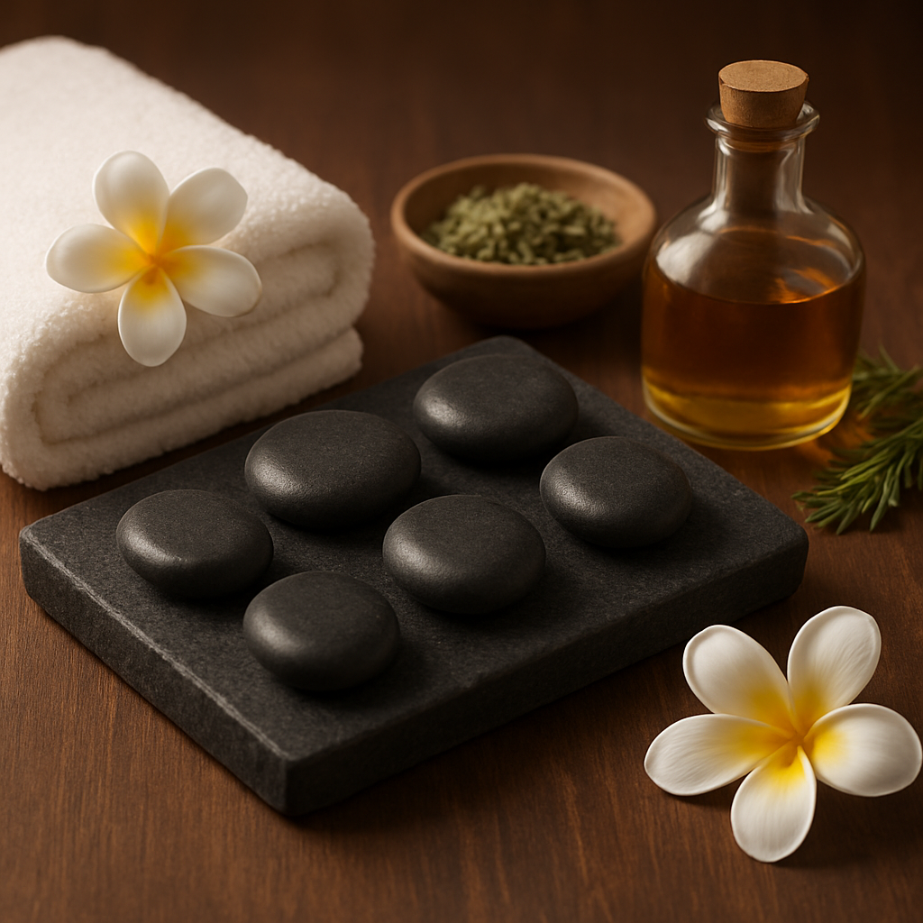 Therapeutic hot stone massage setup with basalt stones, healing herbs and oil